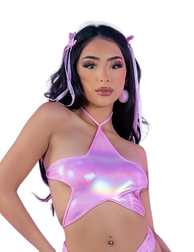 Pretty in Pink Iridescent Star Tie Top – Metallic Holographic Festival Wear