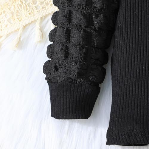 Image of Toddler Girls Christmas Outfits Girls Puff Sleeve Knit Ribbed Tops Button Down Vest Plaid Skirt Set Winter Clothes