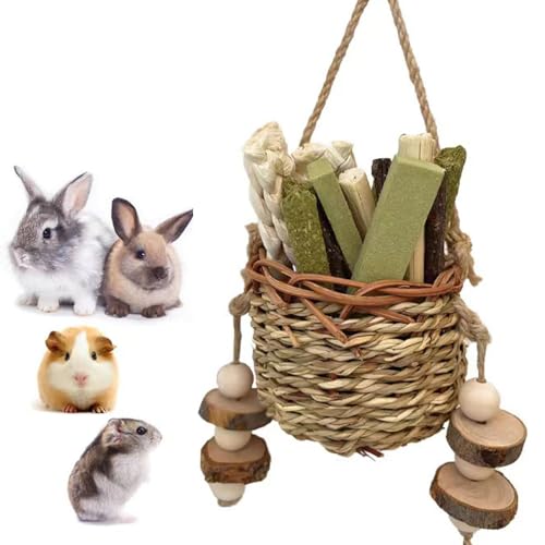 CAMITER Juguetes masticables de conejo, juguetes para masticar colgantes en jaula, cesta colgante de hierba marina natural, plantas de agua, golosinas para masticar conejos, chinchilla, cobayas,