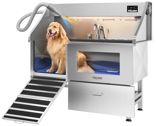 POLIMO Dog Wash Station with Pet Dryer & LED, Professional Dog Bathing Station for Large, Medium & Small Dogs – with Window, Ramp, Drawer, Floor Grate, LED Display & Faucet (Left RAMP & Dryer, 61