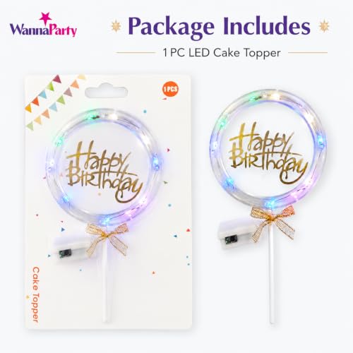 Image of Wanna Party Happy Birthday LED Cake Topper, Transparent Round Cake Decoration with Gold Text, Built-In Light String & Bow for Birthday Party, Cakes,...