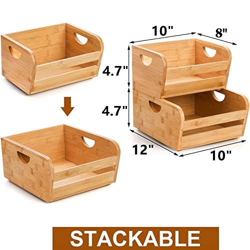 Deayou 2 Pack Bamboo Stackable Storage Bins, Bamboo Open Front Stacking Bins, Use As 2 Tier Bamboo Fruit Basket, Natural Food Organize Basket Box With Handle For Counter, Veg, Bread, Serving, Pantry #TOP1