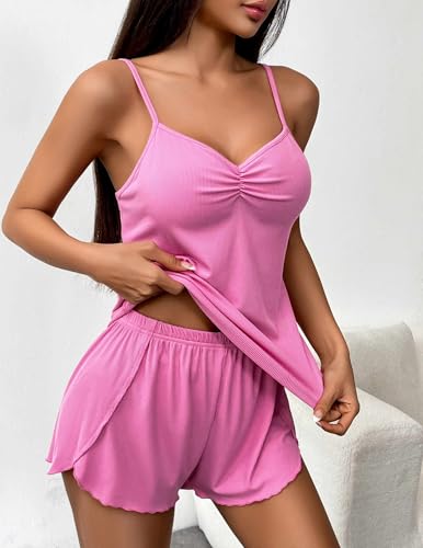 Image of Ekouaer Womens Cami Pajama Sets 2 Piece Ribbed Knit Lingerie Sleeveless Tank Top and Shorts Camisole Pjs Sleepwear