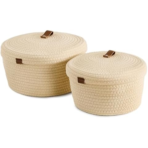 LGENHOOM Round Storage Basket with Lids Set of 2 Cotton Rope Woven Shelf Basket Hand-Woven Decorative Storage and Organizer Bins for Home Decor and Organizing -Beige Cover