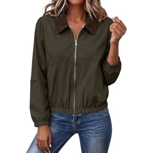 Womens Bomber Jacket Cropped Corduroy Collar Zip Up Pockets Lightweight - image 4