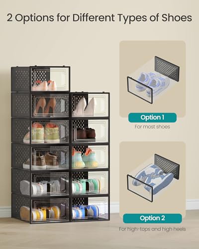 Image of SONGMICS Shoe Boxes, Pack of 12 Shoe Storage Organizers, Stackable Clear Plastic Boxes for Closet, Sneakers, 13.1 x 9.1 x 5.6 Inches, Transparent and Black ULSP006B12