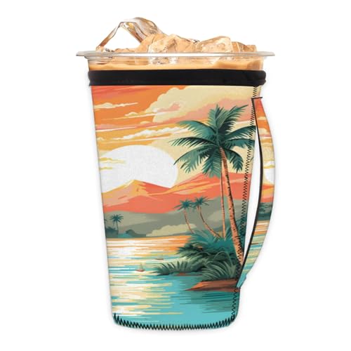 Hand Painted Coconut Island Sunset Boat Reusable Neoprene Coffee Sleeve with Handle Insulated Iced Coffee Cup Holder Reduces Condensation Fits 24-28 oz Cups M