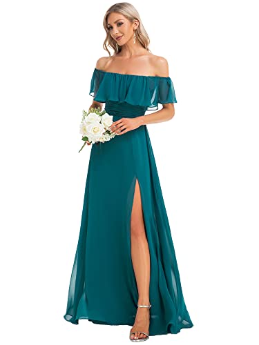 Image of Ever-Pretty Women's Summer Off The Shoulder Flowy Chiffon Formal Wedding Guest Dresses Maxi Side Split Beach Bridesmaid Dress