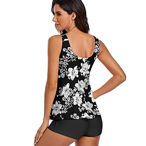 Image of Modest Tankini Swimsuits for Women Two Piece Bathing Suits Floral Print Tank Top with Boyshorts Tummy Control Swimming Suits