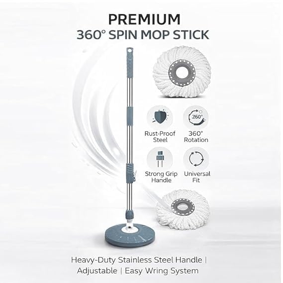 Image of Heavy Duty Stainless Steel Mop Stick with 360 Degree Swivel Head, Extendable Long Handle- Replacement Mop Pole for Floor Cleaning (Grey- 2Heads)