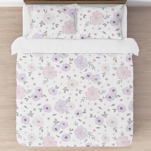 Image of Sweet Jojo Designs Lavender Purple, Pink, Grey and White Shabby Chic Watercolor Floral Girl Full /Queen Teen Childrens Bedding Comforter Set - 3 Pieces - Rose Flower