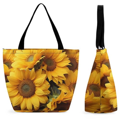 Women Tote Bags with Handles Many Sunflowers Shoulder Bag with Zipper Handbags Shopping Bags Travel Bag Beach Bag Reusable Grocery Bag for Swim Holiday Gift