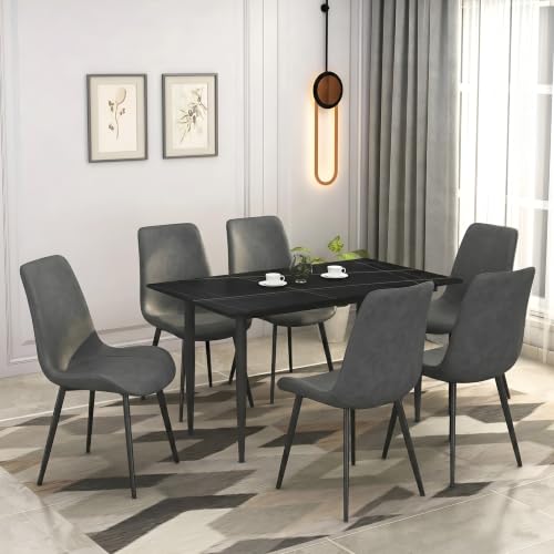 Image of Eclipse Six Seater Faux Marble Dining Set | 15mm Sintered Stone Dining Table | Upholstered Metal Chairs | Galaxy Black (DIY Assembly)