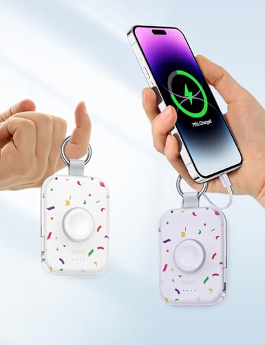Image of RORRY CharmGo Portable Charger, 5000mAh Portable Charger Power Bank with Built-in Cables, Travel Keychain Battery Pack for Apple Watch and iPhone Air /17 /16 /15 /14 /13 /12, Confetti-Purple