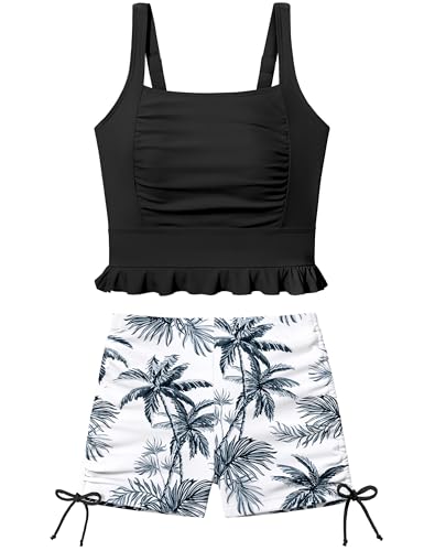 Image of Girls Swimsuit Two Piece Bathing Suit Ruffle Trim Swimsuits for Girls Tankini with Drawstring Shorts Swimwear 9-18Y