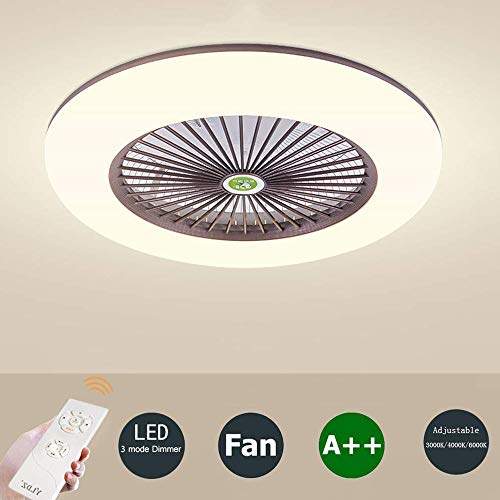 Preisvergleich Produktbild LED Deckenventilator Mit Beleuchtung Deckenbeleuchtung Dimmbar Mit Fernbedienung Leise Schlafzimmerlampe Weiss Rund Deckenleuchte Wohnzimmer Esszimmer Dekor Fanlampe (Brown)