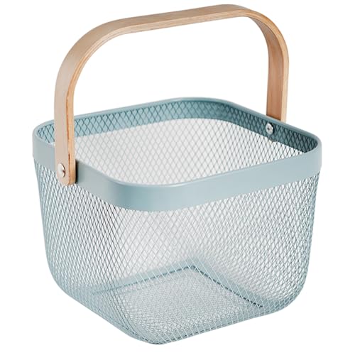 SANHSEHOME Metal Mesh Steel Harvest Basket Square Wire Garden Basket with Handle Multi-Functional Storage Organizer for Gathering Vegetables Fruits Kitchen Garden Picnic (Aqua-Square)