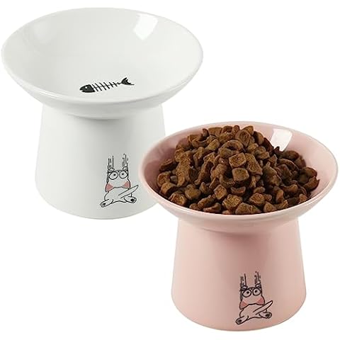 WUHOSTAM 6.5 Inch Extra Wide Ceramic Raised Cat Bowls, Elevated Cat Food and Water Bowl, Prevent Vomiting Pet Feeding Dish, Protect Pet's Spine for Elder Big Cats, 2 Pack(White&Pink) Cover