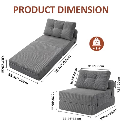 Image of Floor Sofa Bed, Convertible 2-in-1 Corduroy Couch with High-Density Sponge, Foldable Stackable Seat for Living Room Bedroom Dorm Game Room, No Assembly Required (Gray)