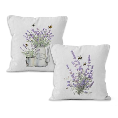VRW Purple Lavender Floral Throw Pillow Covers 18x18, Rustic Cottagecore Bee Lavender Flower Decorative Pillow Covers for Home Bedroom, Floral Accent Pillows Cover Pillowcases Set of 2
