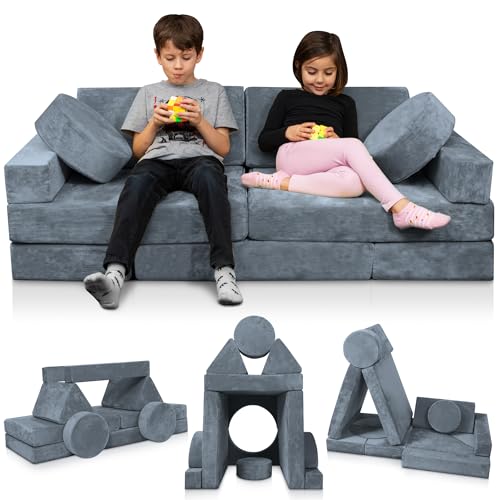 Image of Lunix LX15 14pcs Modular Kids Play Couch, Child Sectional Sofa, Fortplay Bedroom and Playroom Furniture for Toddlers, Convertible Foam and Floor Cushion for Boys and Girls, Gray