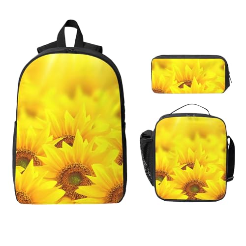 Yellow Sunflower print Shoulder Bookbags Lunch Bag and Pen Case 17 inches Backpack with Lunch Box, Cute Bookbag Set2