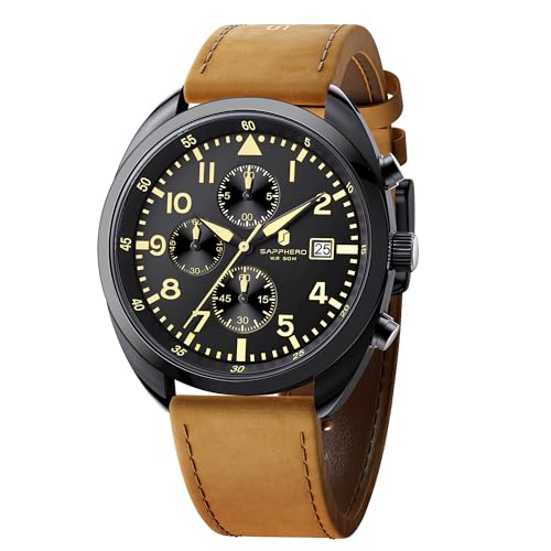 SAPPHERO Herrenuhr Quarzuhr Analog mit Lederarmband Klassische Herren-Businessuhr Anzeige mit arabischen Ziffern einfache Lesbarkeit modische Freizeituhr mit Chronographfunktion
