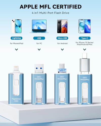 Image of MFi Certified Flash Drive for iPhone iPad 512GB, Photo Stick for External Memory Storage, Easily Back Up and Save Photos Videos, USB Memory Stick Thumb Drive for iPhone /iPad /Android /PC (Sky Blue)
