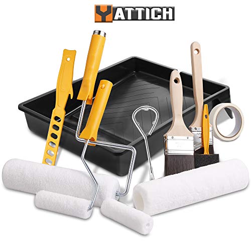 YATTICH Deluxe Paint Roller Kit - 14 Pieces Home Painting Supplies Tools, Foam Brush, House Painting Tray, Rollers and Paint Brushes, Paint Stick, Can Opener