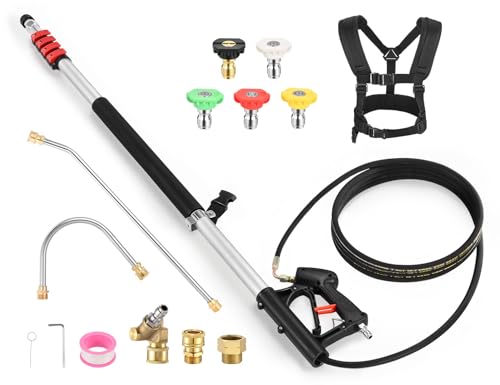 WorkNeon 24FT Pressure Washer Telescoping Wand Power Washer Extension Wands with 5 Spray Nozzle Tips Stainless Steel Curve Wands Pivoting Coupler and Support Harness 4000 PSI