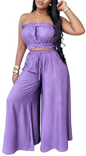 Image of Two Piece Sets for Women Summer Outfits Crop Tops and Wide Leg Pants Sets Sexy Jumpsuits Vacation Outfits with Pockets
