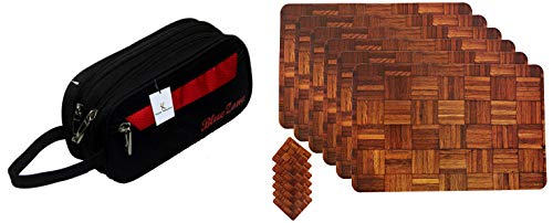Kuber Industries Multi Purpose Kit, Shaving Kit, Travelling Kit (Canvas) Black (Shvk02) & Wooden Design Floral PVC 6 Piece Dining Table Placemat Set with Tea Coasters – Multicolour Combo