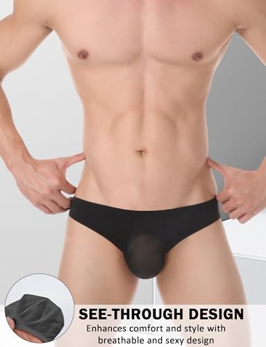 FEOYA Men's Ice Silk Sexy Underwear Breathable Bikini Transparent Underpants Briefs Low Rise Solid Color Comfortable 3 Pack3