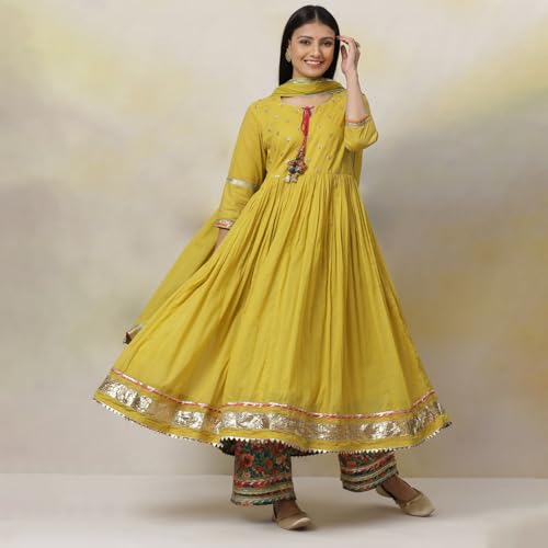 BIBA Women's Lime Green Cotton Anarkali Kurta Palazzo Suit Set_46 - Image 3