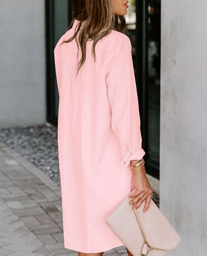 Image of Aoudery Womens Button Down Shirt Dresses with Pockets Cotton Button Up Tunics Long Sleeve Solid High Low Blouse Tops