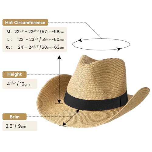Image of Straw Cowboy Hat for Men Women Western Cowgirl Hats with Shapeable Wide Brim for Beach Sun Summer