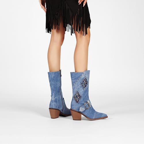 Denim Cowboy Boots for Women Western Boot Chunky Heels Wide Calf Cowgirl Mid Calf Boots 7