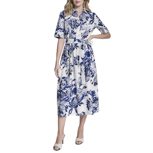Image of DKNY Women's Short Sleeve Cotton Poplin Collared Midi Shirtdress