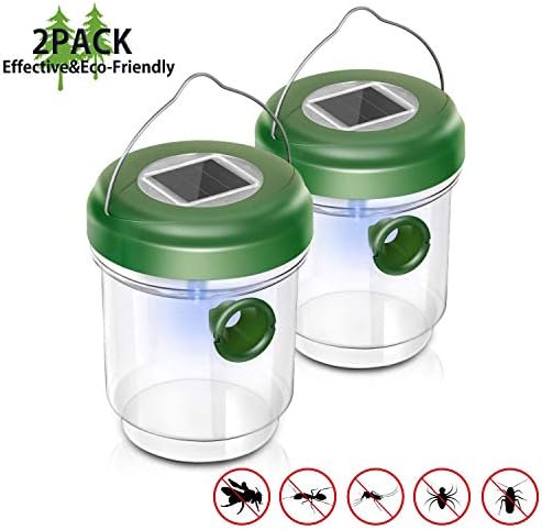 EOMOO Non-Toxic Wasp Trap, Reusable Solar Outdoor Fly Trap with Ultraviolet LED Light- Effective and Eco-Friendly, for Trapping Wasps, Hornets, Yellow Jackets, Bugs, Fly and More (2 Pack)