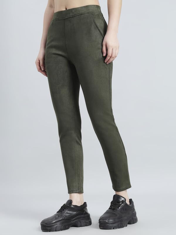 Image of GO COLORS Women Solid Mid Rise Suede Treggings
