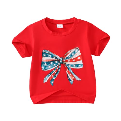 Image of Toddler Girl 4th of July Outfit Big Bow Print T-Shirt Top American Flag Clothes 2-7Y