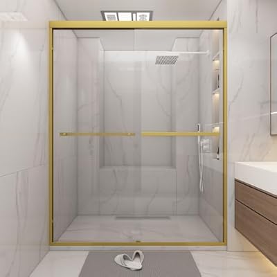 Bathlink Shower Door 56-60" W * 72" H, Brushed Gold Double Sliding Shower Door with 1/4"(6mm) Tempered Glass, Shower Glass Door Easy to Clean