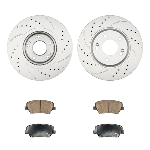 Image of KAX Front Brake Kit Fits Kia Sorento 2011-2013, Hyundai Santa Fe 2010-2012 | 11.82in Drilled and Slotted Brake Rotors, Ceramic Brake Pads, Automotive Replacement Brake Kit