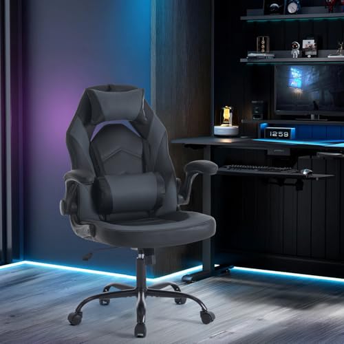 Image of Sweetcrispy Ergonomic Gaming Desk Chair - Computer Video with Comfy Lumbar Support and headrest, PU Leather with Flip-up Arms, Adjustable Height and Swivel Wheels, Home and Office, Grey