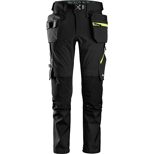 Snickers 6940 FlexiWork Stretch Trousers+ Holster Pockets Black/Neon Yellow 35" 35"