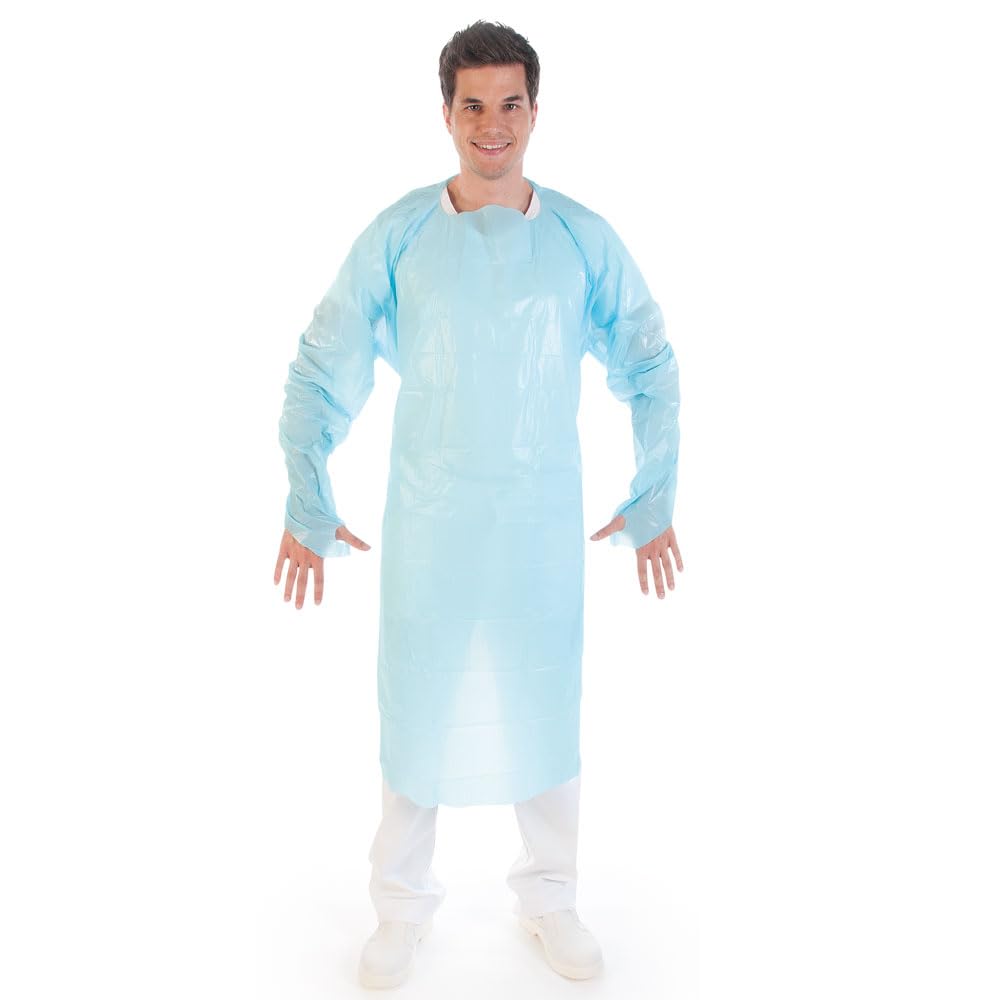 FRANZ MENSCH 100 Stück Hygostar Kittel Med mit Daumenloch | CPE, Box, blue, XL, L: 115cm, B: 100cm, Untersuchungskittel, Einwegkittel, Einmalkittel