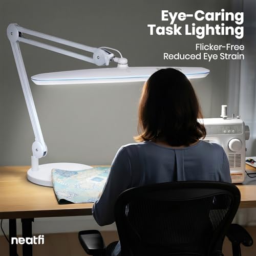 Image of Neatfi XL 24W LED Desk Lamp - 2,200 Lumens | 23 inch Wide Shade | Dimmable Eye-Caring Task Light | Adjustable Arm | Office, Study, Crafting & Nail Techs (White, Non-CCT with Base)