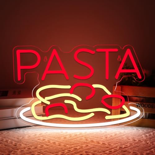 Image of Pasta Neon Signs for Wall Decor Neon Lights for Bedroom Led Business Signs Suitable for Italian Pasta Restaurant Noodle Unique Gift for Lover 5V Power Adapter 16 * 10.6 Inch(Red+White)