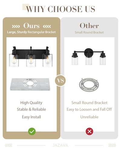 Image of 3-Light Black Bathroom Light Fixture Over Mirror, Modern Vanity Light, Clear Glass Wall Sconce, VL01BK-3