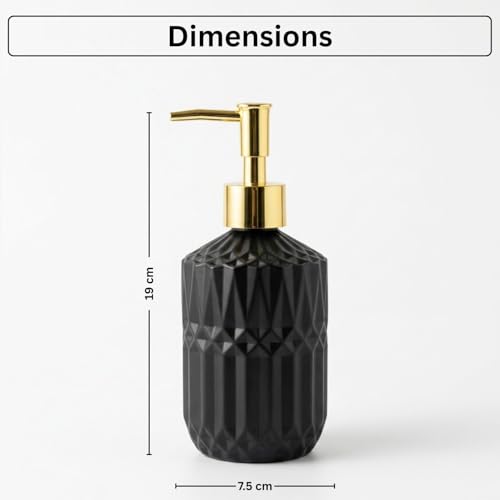 Image of Luxe Home International Geometric Texture Pattern Glass Soap Dispenser for Bathroom and Kitchen Sink Leak Proof Liquid Hand Wash Round Bottle Lightweight Smooth Finish (19x7.5 cm Black) Pack of 1
